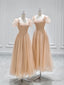 Cute Tulle Tea Length Prom Dress, A Line Short Sleeve Prom Dress