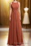 Rust Orange Crew Neck Backless A Line Long Bridesmaid Dresses