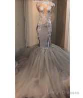 2025 Silver Long Sleeve Mermaid/Trumpet Lace and Tulle Prom Dresses