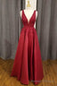 Red Lace Satin Plunge V A Line Prom Dress