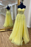 Yellow Floral Lace Strapless A Line Prom Dress