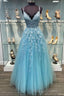 Blue V Neck Tulle Lace Long Prom Dress Blue Tulle Lace Prom Dress