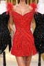 Red V Neck Feathers Sequins Sheath Homecoming Dress