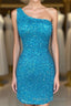 Blue Sequin One-Shoulder Cutout Bodycon Homecoming Dress