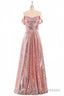 Rose Gold Sequin Off-the-Shoulder A Line Long Bridesmaid Dresses