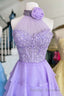 Lavender Illusion Halter Flower Appliques Multi-Layers Long Prom Dresses