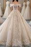 Champagne Off Shoulder Tulle Lace Long Wedding Dress, Wedding Gown