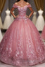 Pink Tulle Lace Off Shoulder Long Prom Dresses Pink Tulle Prom Dresses 1