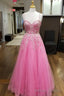 Hot Pink Floral Lace Sweetheart A Line Prom Dress