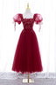 Burgundy Short Sleeve Tulle Tea Length Prom Dress, A Line Prom Dress