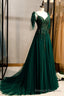 Green V Neck Lace Long Prom Dresses, A Line Prom Dresses