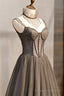 Gray Tulle Spaghetti Strap Long Prom Dresses, A Line Prom Dresses