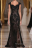 Black Off The Shoulder Sheath Prom Dresses Lace&Tulle Floor Length With Applique & Slit