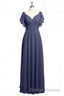 Navy Blue V Neck Backless Ruffled A Line Long Dresses