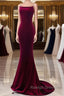 Simple Velvet Mermaid Burgundy Long Prom Dress, Burgundy Long Formal Dress