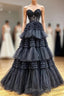 Black Sweetheart Neck Tulle Lace Long Prom Dresses Black Prom Dresses