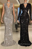 Glitter Long V Neck Sequined Floor Length Mermaid Prom Dress with Sleeves