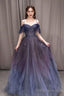 A Line Dark Purple Ombre Tulle Prom Prom Dresses Long Prom Dresses