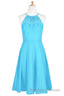 Pool Blue Chiffon Halter Short Bridesmaid Dresses