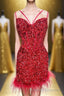Feathers Red Sequin Straps Bodycon Short Homecoming Dress