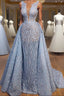 Elegant Blue Lace Sleeveless Deep V Neck Prom Dresses Party Dresses