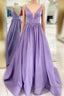 Straps V Neck Satin Maxi Prom Dress Lavender Formal Evening Gown
