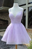 Purple V Neck Tulle Short Prom Dresses, A Line Mini Prom Dresses