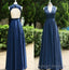2026 Blue Floor Length/Long A Line Backless Lace V Neck Chiffon Prom Dresses