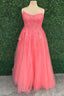 Hot Pink Floral Lace Backless A Line Prom Dress