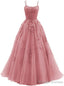 Womens Lace Appliques Prom Dress Long Spaghetti Strap Ball Gowns Tulle Prom Dresses for Prom