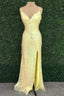 Yellow Sequin V Neck Lace-Up Back Long Prom Dress with Slit