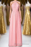 Pink Chiffon Halter Backless A Line Long Bridesmaid Dresses