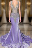 Lilac Mermaid Prom Dresses with Scoop Neckline Sleeveless and Crystal Beadings