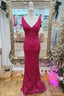 Magenta Sequin V Neck Mermaid Long Prom Dress