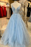 Light Blue Tulle Lace Plunge Neck A Line Prom Dress