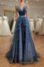 Gray Blue Tulle Beads Long Prom Dress, Blue Tulle Formal Dress
