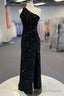 Black Sequin One Shoulder Cutout Long Prom Dress