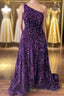 Purple Sequin One Shoulder Backless A Line Long Prom Dresses