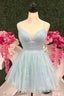 Sky Blue A Line Plunging V Neck Straps Ruffles Homecoming Dress