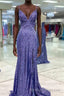 Tight Purple Sequined Long Prom Dress with Slit