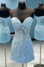 Blue Appliques Strapless Short Prom Dress