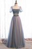 Gray Blue Tulle Long A Line Prom Dress, Cute Short Sleeve Prom Dress