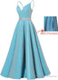 Spaghetti Straps Prom Dresses Long Satin Beaded V-Neck Formal Evening Party Ball Gowns with Pockets