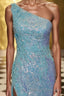 One Shoulder Sequins Prom Dresses Long with Floral Appliques