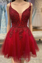 Red Plunging V Neck Lace-Up Appliques Tulle Homecoming Dress