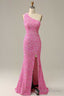 Pink Iridescent Sequin One Shoulder Mermaid Long Formal Dress with Slit