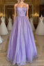 Spaghetti Straps Sparkly Lilac A Line Prom Dresses Sequin Evening Dresses