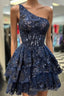 Dark Navy A Line One Shoulder Multi-Layers Homecoming Dresses