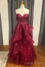 Wine Floral Lace Strapless A Line Tiered Prom Dress