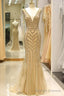 Elegant Mermaid Deep V Neck Gold Beaded Formal Prom Dress